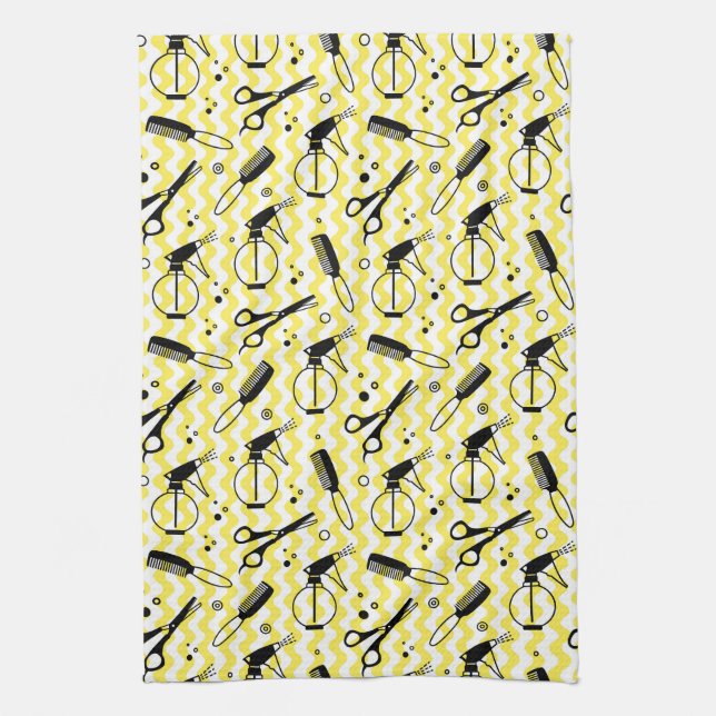 Yellow Hairdresser Tool Pattern Kitchen Towel (Vertical)