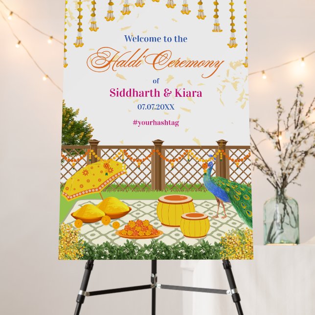 Yellow Haldi Ceremony Welcome Sign Peacock Marigol (In Situ (Stand))