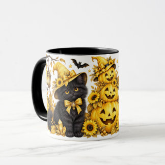 Yellow Halloween Black Cats & Sunflower Pumpkins Mug
