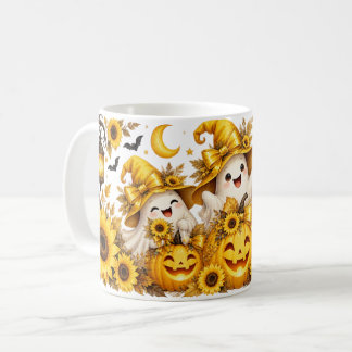 Yellow Halloween Ghosts Pumpkins & Sunflowers Mug