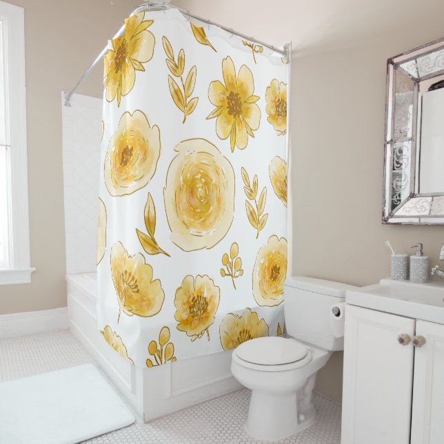 Yellow Hand Drawn Flowers Shower Curtain (In Situ)