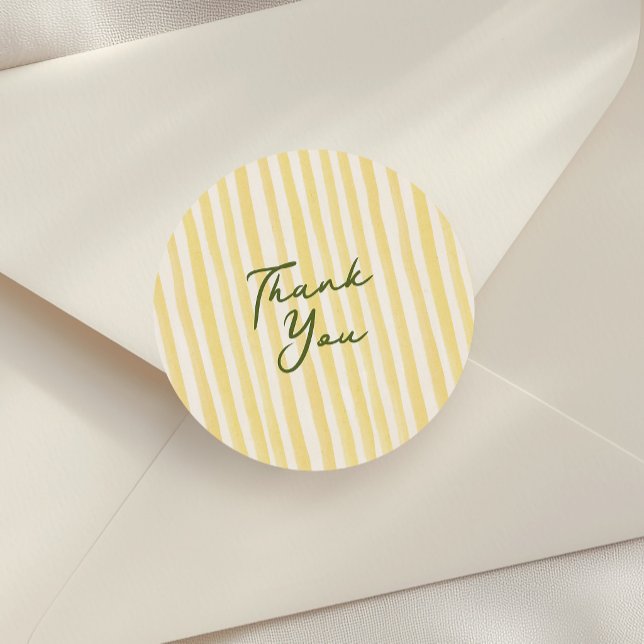 Yellow Hand-Drawn Stripes Script Thank You Favour Classic Round Sticker (yellow hand-drawn stripes and script thank you sticker)