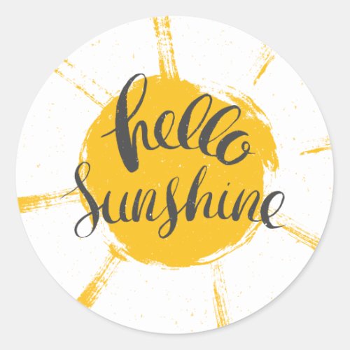 Yellow HandDrawn Sun Hello Sunshine Image Text Art Classic Round Sticker