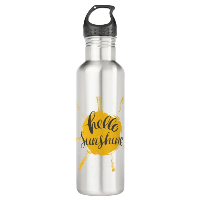 Yellow HandDrawn Sun Hello Sunshine Image Text Art Stainless Steel Water Bottle (Front)