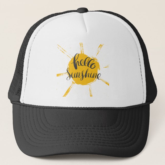 Yellow HandDrawn Sun Hello Sunshine Image Text Art Trucker Hat (Front)