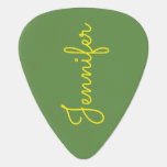 [ Thumbnail: Yellow Handwritten-Like Custom Name On Green Guitar Pick ]