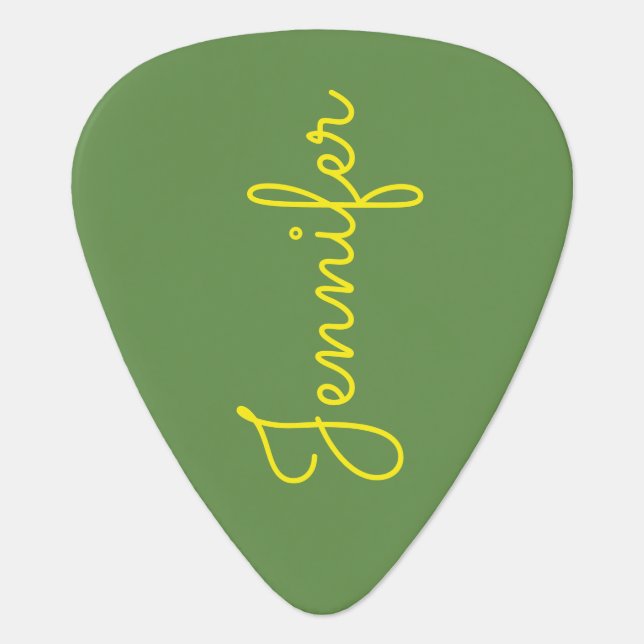 Yellow Handwritten-Like Custom Name on Green Guitar Pick (Front)