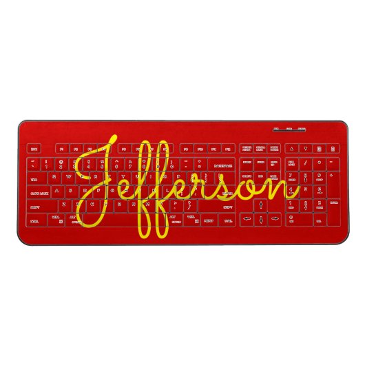 Yellow Handwritten-Like Custom Name on Red Wireless Keyboard (Front)