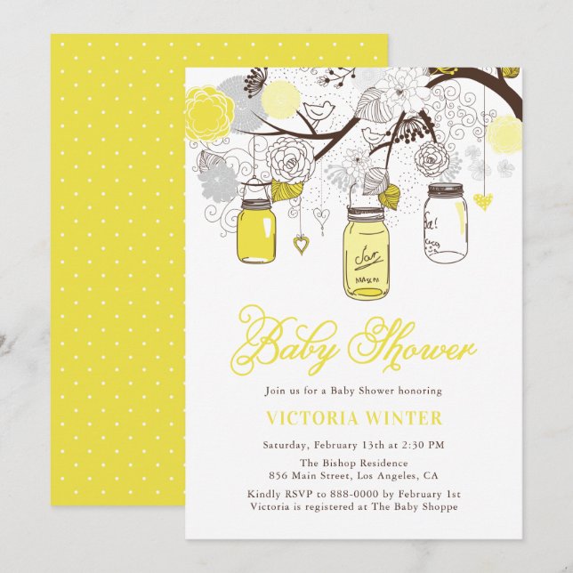 Yellow Hanging Mason Jars Floral Baby Shower Invitation (Front/Back)