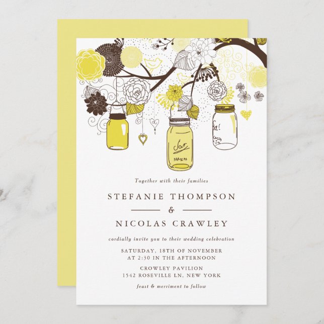 Yellow Hanging Mason Jars Wedding Invitation (Front/Back)