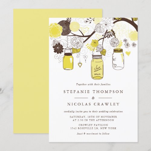 Yellow Mason Jars &amp; Flowers Wedding Invitation