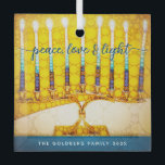 Yellow Hanukkah Menorah Peace Love Light Script  Glass Ornament<br><div class="desc">“Peace, love & light.” A close-up digital photo illustration of a bright, colorful, yellow and gold artsy menorah, with your personalized name, helps you usher in the holiday of Hanukkah in style. Feel the warmth and joy of the holiday season whenever you hang up this stunning, colorful Hanukkah custom keepsake...</div>