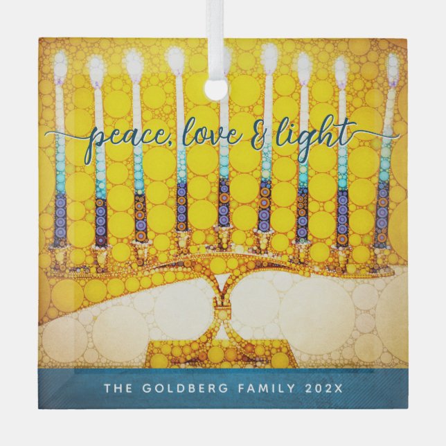 Yellow Hanukkah Menorah Peace Love Light Script  Glass Ornament (Front)