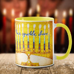 Yellow Hanukkah Menorah Peace Sparkle Shine Script Mug<br><div class="desc">“Peace, sparkle, shine.” A close-up photo of a bright, colorful, yellow and gold artsy menorah helps you usher in the holiday of Hanukkah in style. Feel the warmth and joy of the holiday season whenever you drink out of this chic, colorful Hanukkah coffee mug. Makes a striking set of four...</div>