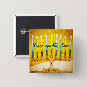 Yellow Hanukkah Menorah Peace Sparkle Shine Script Pinback Button