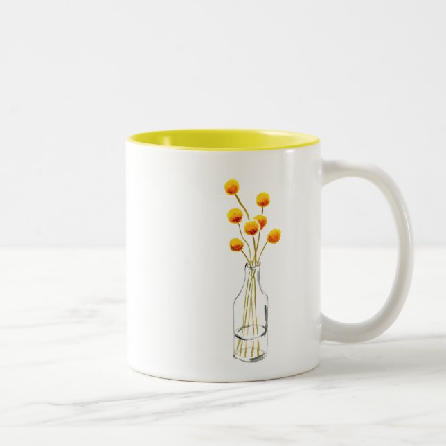 Yellow happy Billy Button flowers Australian art Two-Tone Coffee Mug (Right)