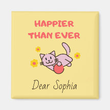 Yellow Happy Cat with Flowers Magnet