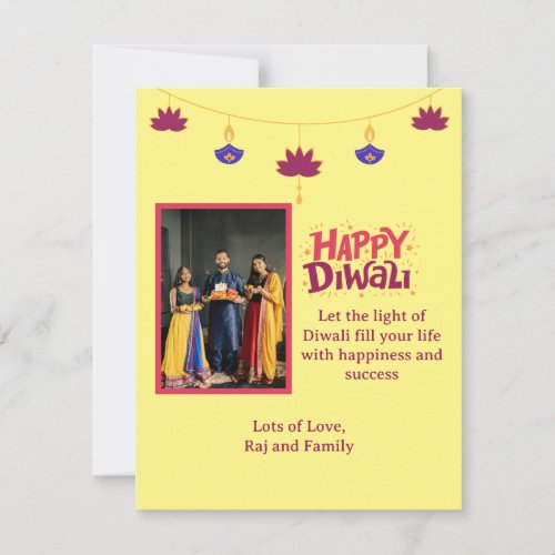 Yellow Happy Diwali with Family Photo  Holiday Card