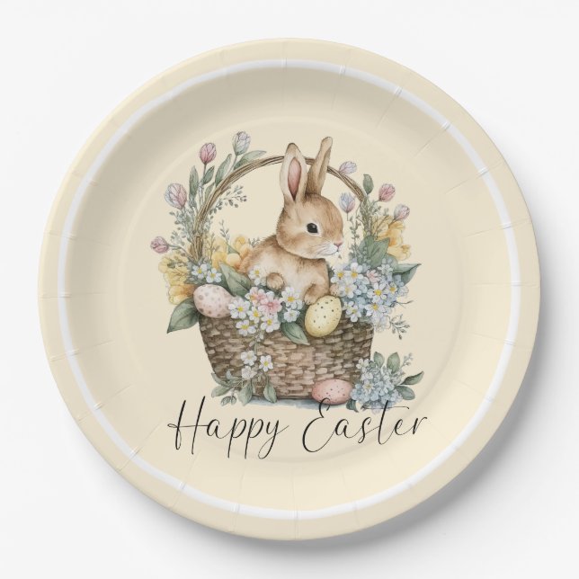 Yellow Happy Easter Bunny Paper Plates (Front)