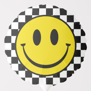 Yellow Happy Face Groovy Black Check Birthday Balloon