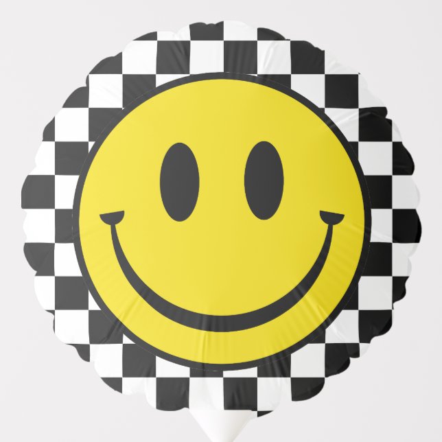 Yellow Happy Face Groovy Black Check Birthday Balloon (Front)