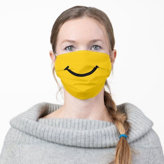 Yellow Happy Face Smile Cartoon Smiling Mouth Adult Cloth Face Mask (Worn)