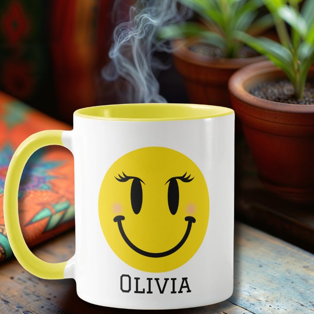 Yellow Happy Girly Face, Fun Personalized Mug (Creator Uploaded)
