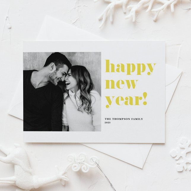 Yellow Happy New Year Bold Typography Photo Holiday Card (Creator Uploaded)