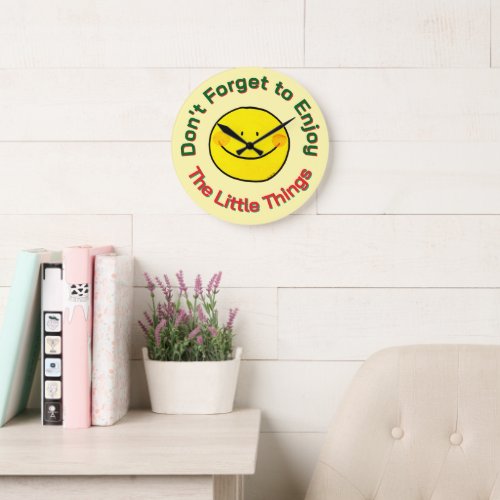 Yellow Happy Smiley Face Enjoy The Little Things Large Clock