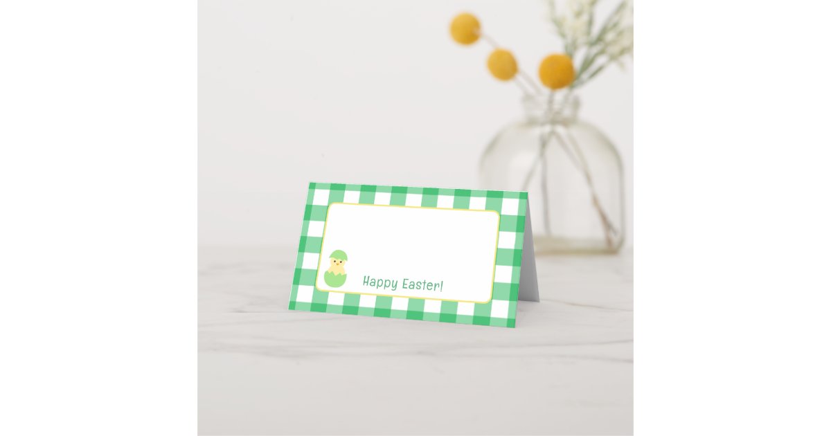 Spring Chick Mood Check In Yellow Happy Spring Chick Easter B Green Check Place Card | Zazzle