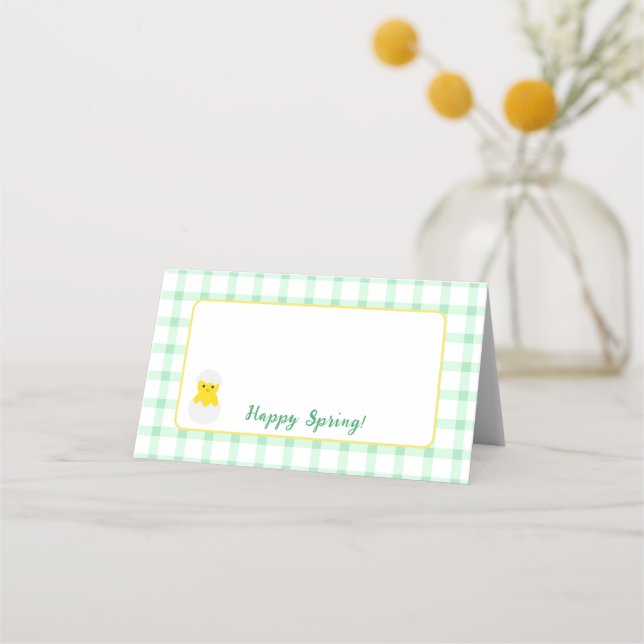 Yellow Happy Spring Chick Green Check Place Card (Front)