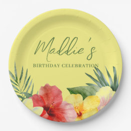 Yellow Hawaiian Floral Birthday Paper Plates
