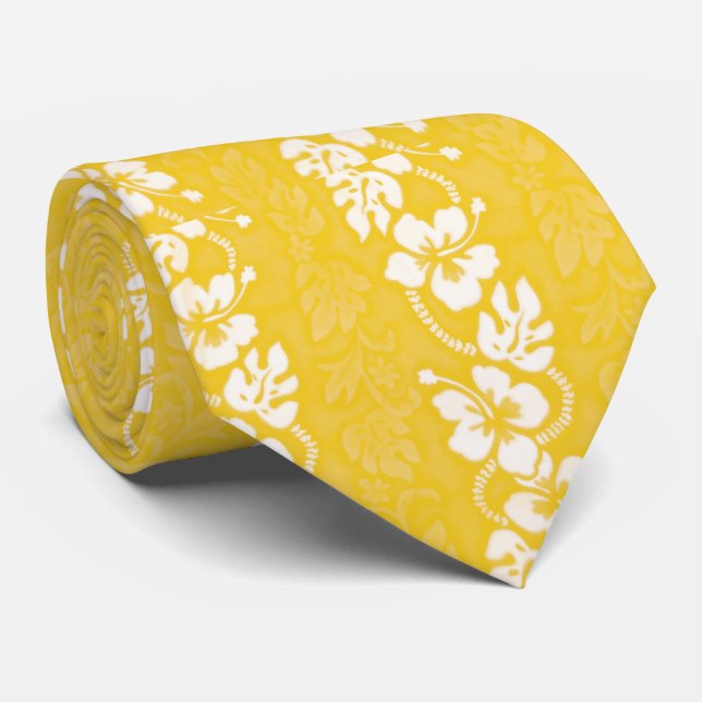 Yellow Hawaiian Hibiscus Aloalo Flower Wedding Neck Tie (Rolled)