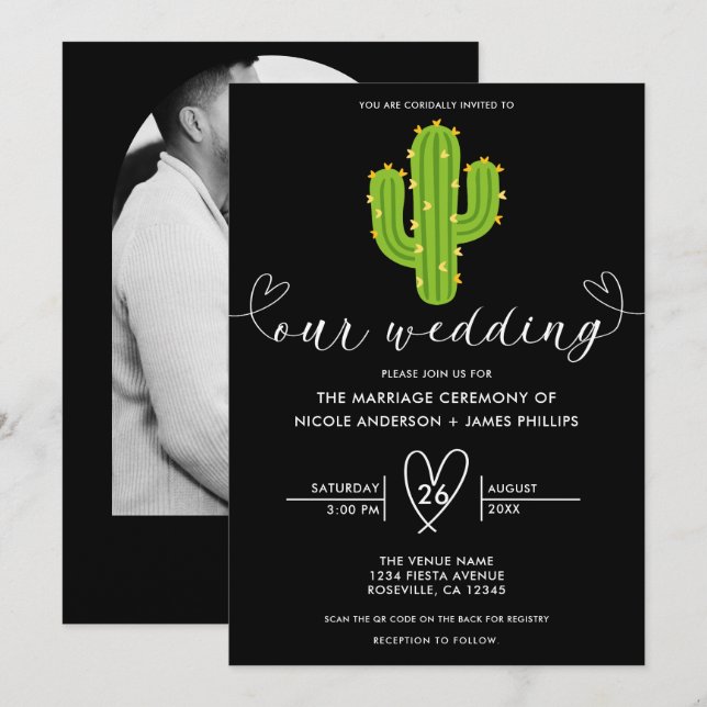 Yellow Heart Cactus Fiesta Love Wedding Invitation (Front/Back)