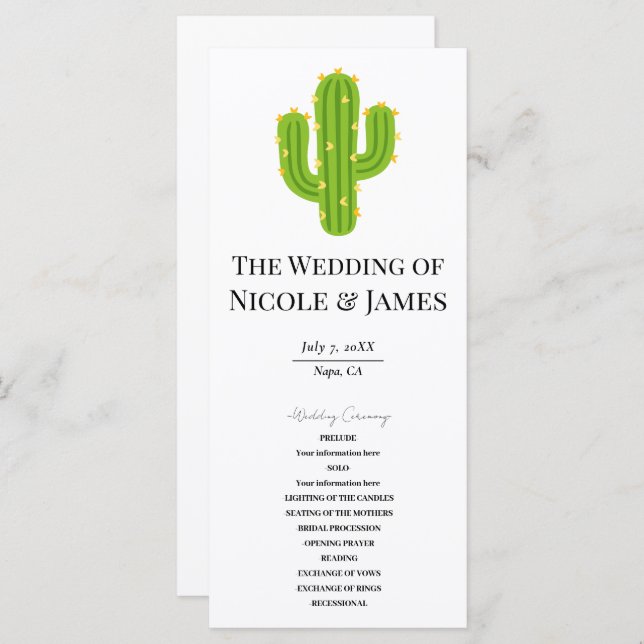 Yellow Heart Cactus Fiesta Love Wedding Program (Front/Back)