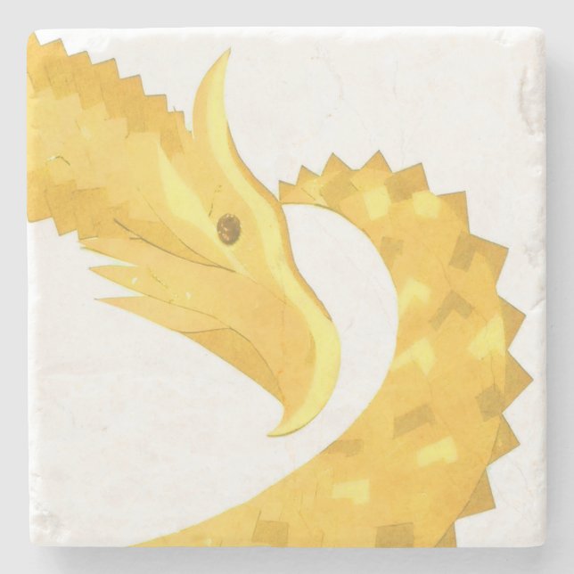 Yellow heart dragon on white stone coaster (Front)