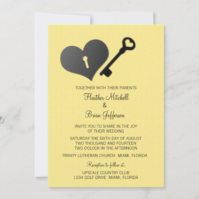 Yellow Heart Lock and Key Wedding Invite (Front)
