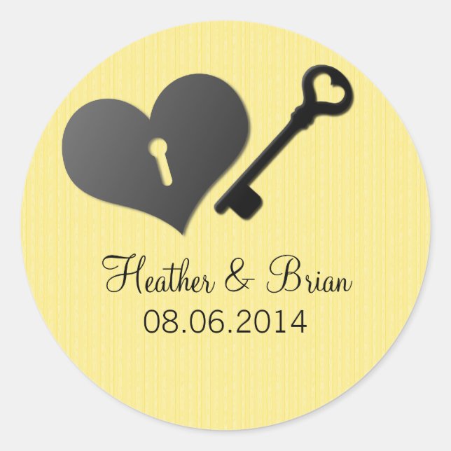 Yellow Heart Lock and Key Wedding Stickers (Front)