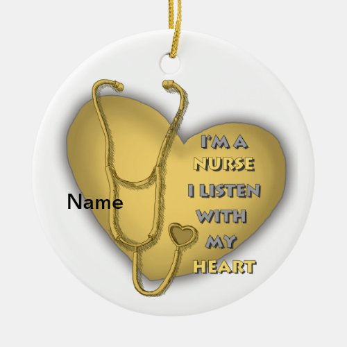 Yellow Heart Nurse custom name Ceramic Ornament