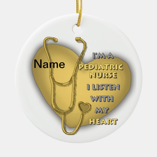 Yellow Heart Pediatric Nurse Ceramic Ornament (Front)