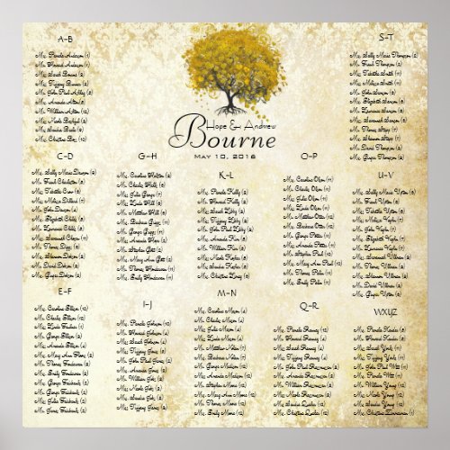 Yellow Heart Tree 100 to 150 guest alphabetical Poster
