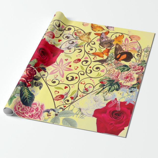 YELLOW HEART VALENTINE WITH FLOWERS WRAPPING PAPER (Unrolled)