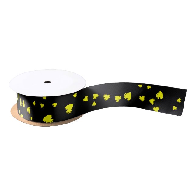 Yellow Hearts on Black Valentine's Day Satin Ribbon (Spool)