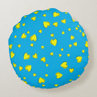 Yellow Hearts on Blue Round Pillow