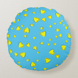 Yellow Hearts on Blue Round Pillow