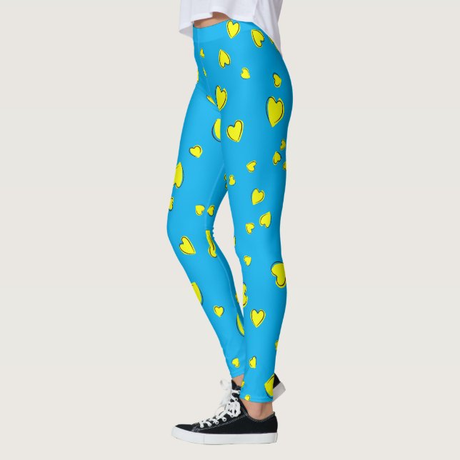 Yellow Hearts Pattern on Blue Leggings (Left)