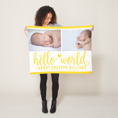 Yellow Hello World Monogram Baby Stat Fleece Blanket
