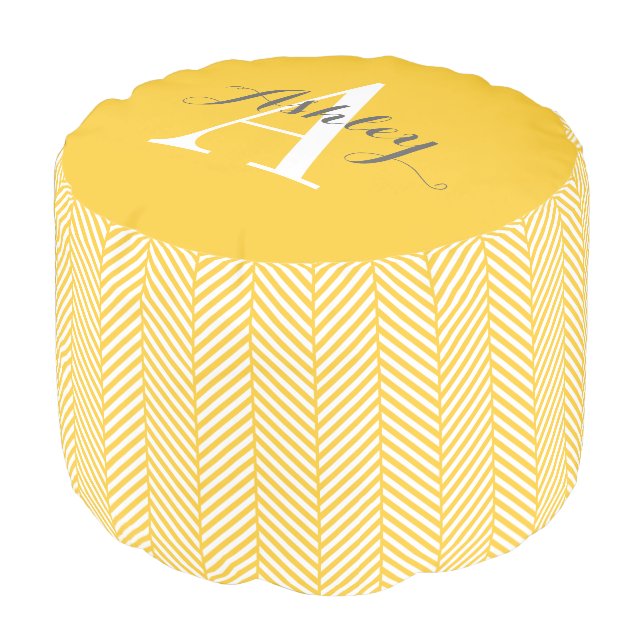 Yellow Herringbone Custom Monogram Pouf (Angled Front)