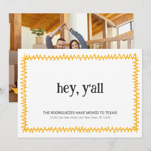 Yellow Hey Y'all - Moved to Texas Announcement (Front/Back)