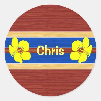 Yellow Hibiscus Fake Wood Surfboard Classic Round Sticker by BailOutIsland at Zazzle